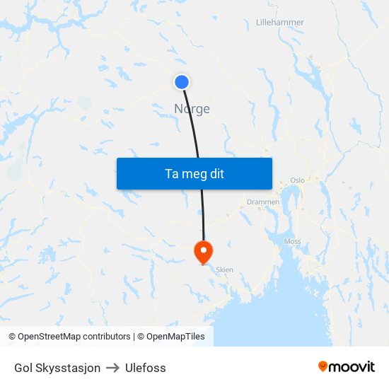 Gol Skysstasjon to Ulefoss map