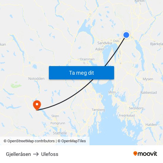 Gjelleråsen to Ulefoss map