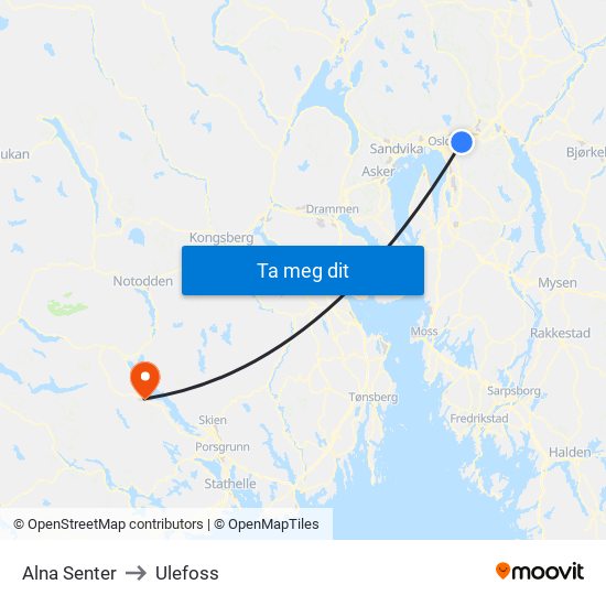 Alna Senter to Ulefoss map