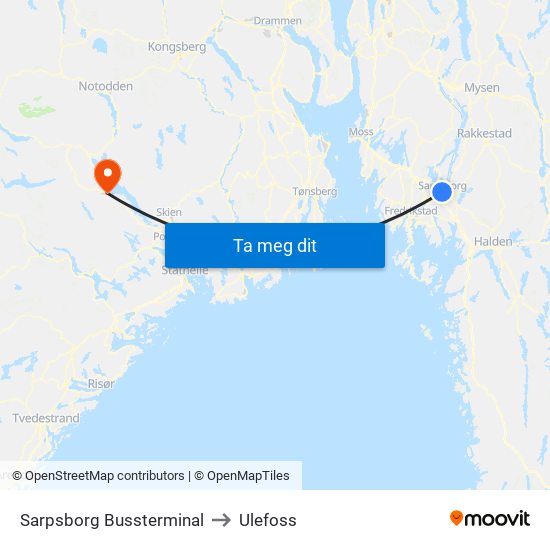 Sarpsborg Bussterminal to Ulefoss map