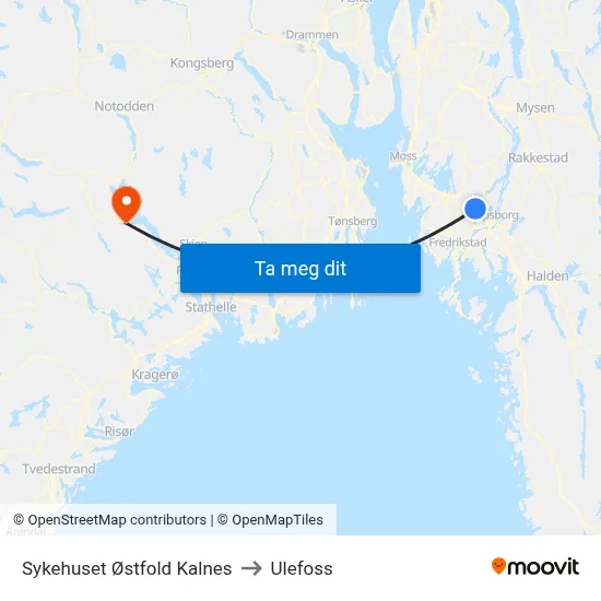 Sykehuset Østfold Kalnes to Ulefoss map