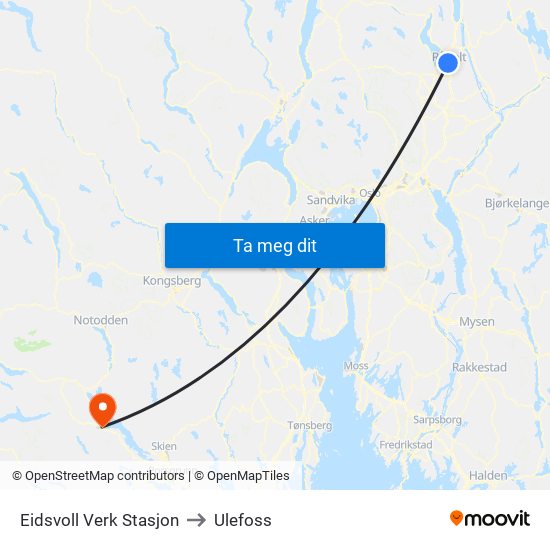 Eidsvoll Verk Stasjon to Ulefoss map