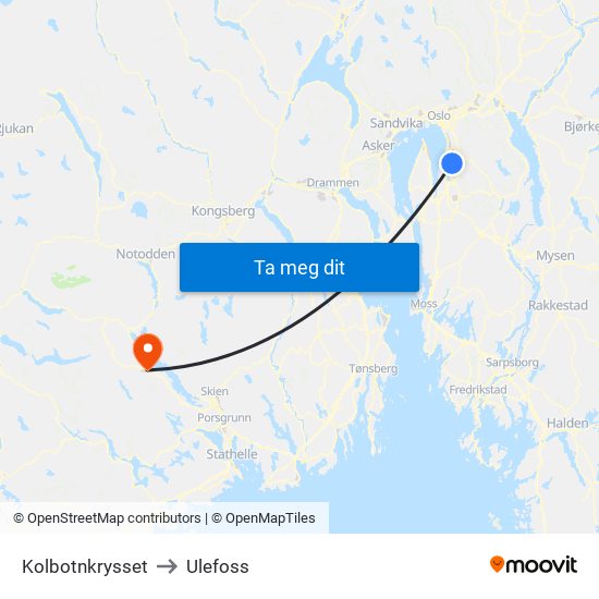 Kolbotnkrysset to Ulefoss map