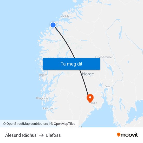 Ålesund Rådhus to Ulefoss map