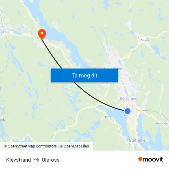 Klevstrand to Ulefoss map