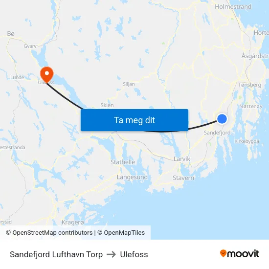 Sandefjord Lufthavn Torp to Ulefoss map