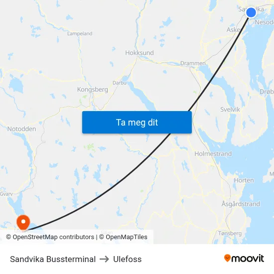 Sandvika Bussterminal to Ulefoss map