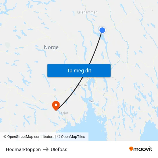 Hedmarktoppen to Ulefoss map