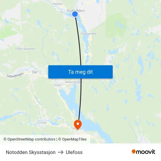 Notodden Skysstasjon to Ulefoss map