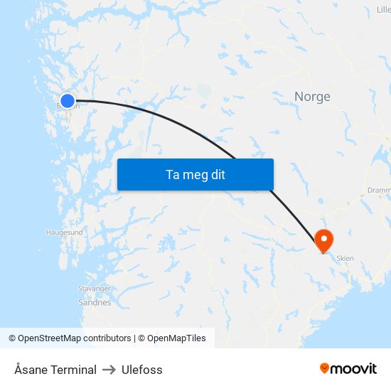 Åsane Terminal to Ulefoss map