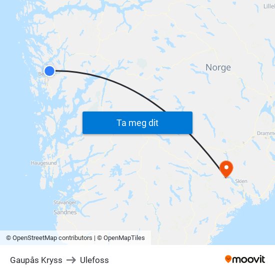 Gaupås Kryss to Ulefoss map