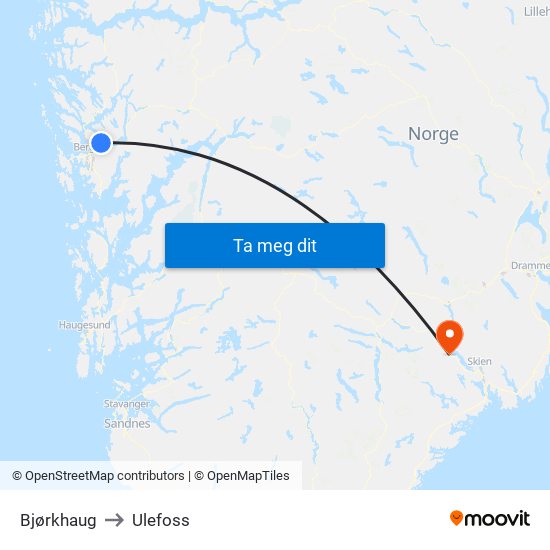 Bjørkhaug to Ulefoss map