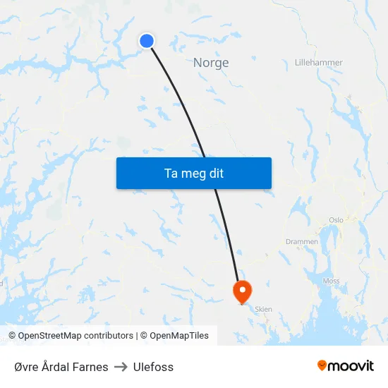 Øvre Årdal Farnes to Ulefoss map
