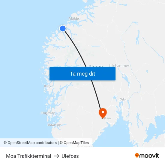 Moa Trafikkterminal to Ulefoss map