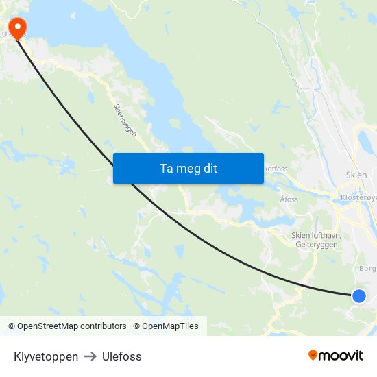 Klyvetoppen to Ulefoss map