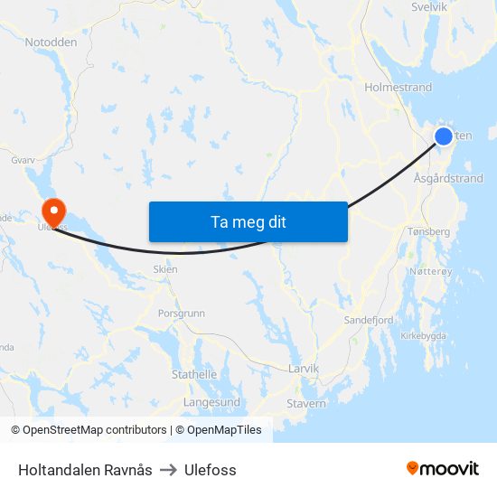 Holtandalen Ravnås to Ulefoss map