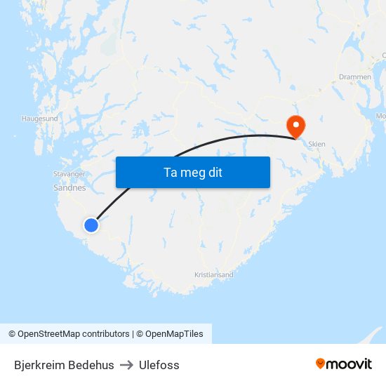 Bjerkreim Bedehus to Ulefoss map