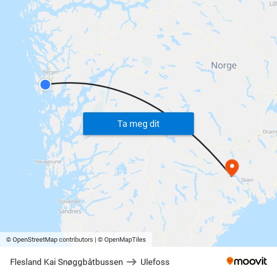Flesland Kai Snøggbåtbussen to Ulefoss map