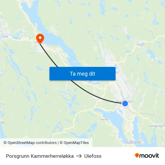 Porsgrunn Kammerherreløkka to Ulefoss map