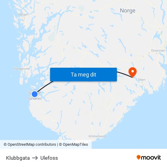 Klubbgata to Ulefoss map