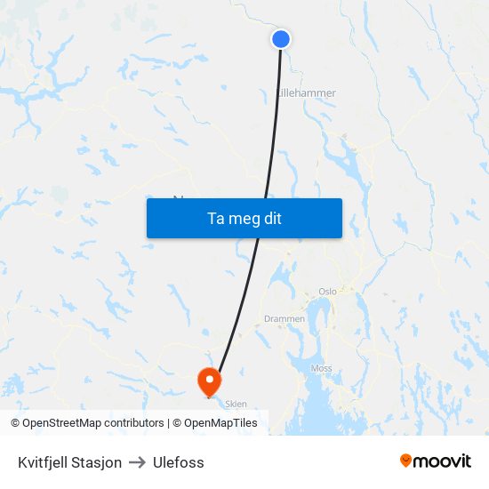 Kvitfjell Stasjon to Ulefoss map