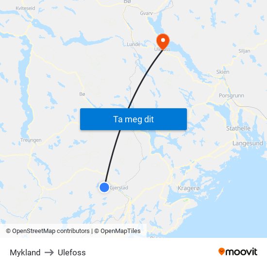 Mykland to Ulefoss map