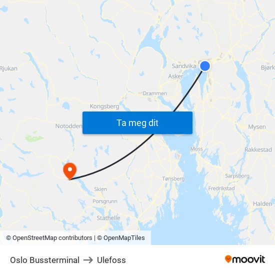 Oslo Bussterminal to Ulefoss map