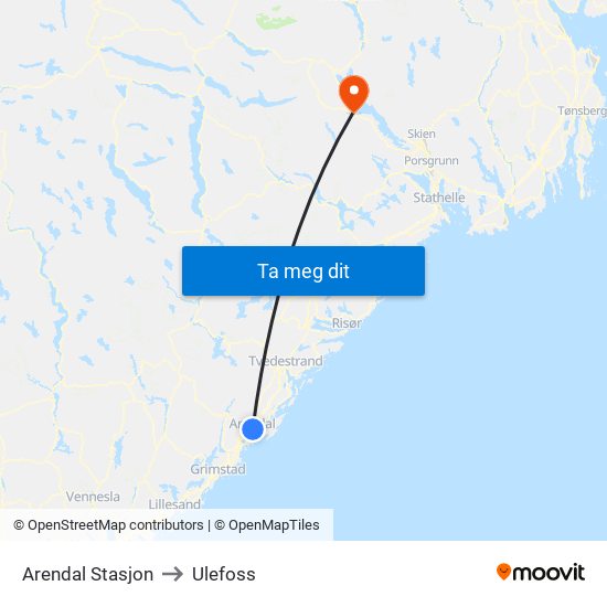 Arendal Stasjon to Ulefoss map
