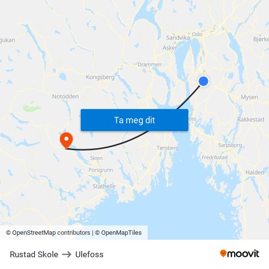 Rustad Skole to Ulefoss map