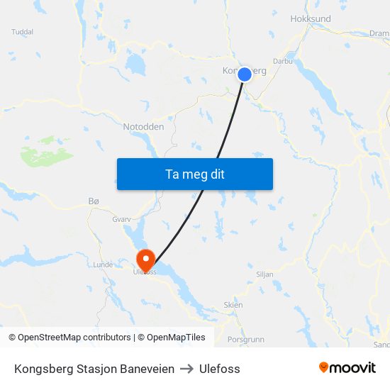 Kongsberg Stasjon Baneveien to Ulefoss map