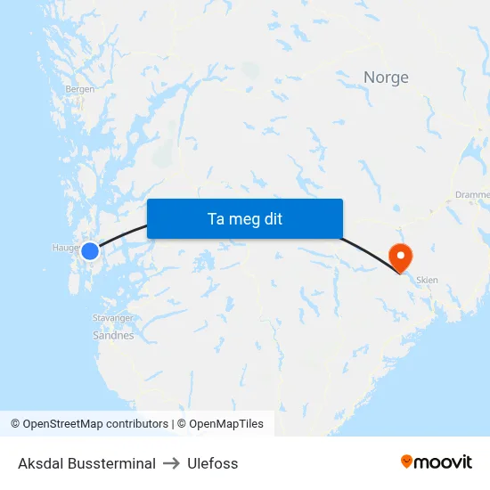 Aksdal Bussterminal to Ulefoss map
