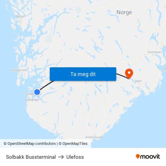 Solbakk Bussterminal to Ulefoss map