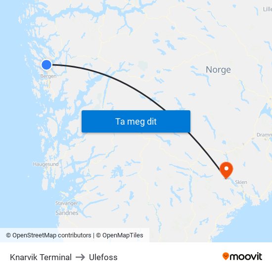 Knarvik Terminal to Ulefoss map