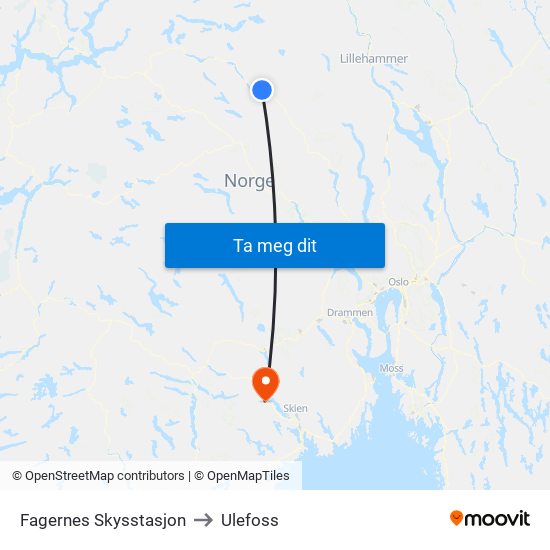 Fagernes Skysstasjon to Ulefoss map