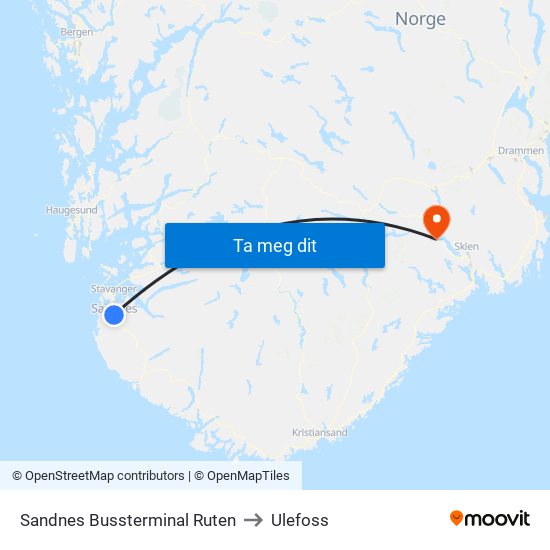 Sandnes Bussterminal Ruten to Ulefoss map