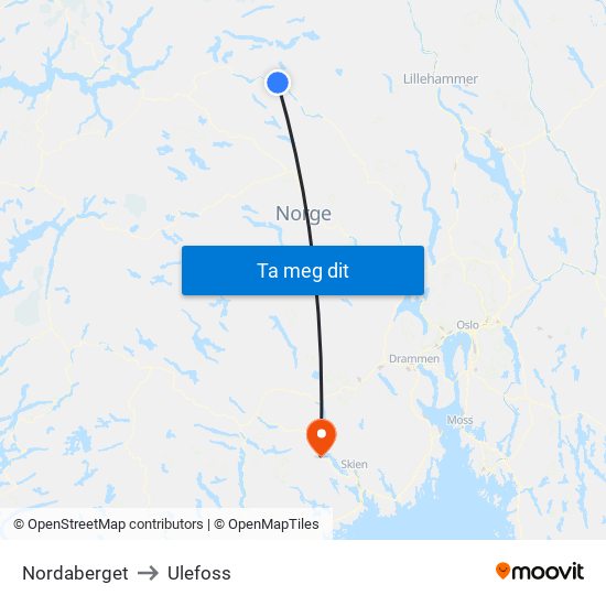 Nordaberget to Ulefoss map