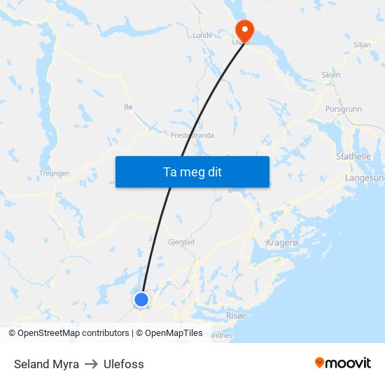 Seland Myra to Ulefoss map