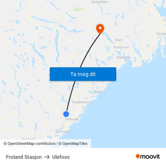 Froland Stasjon to Ulefoss map
