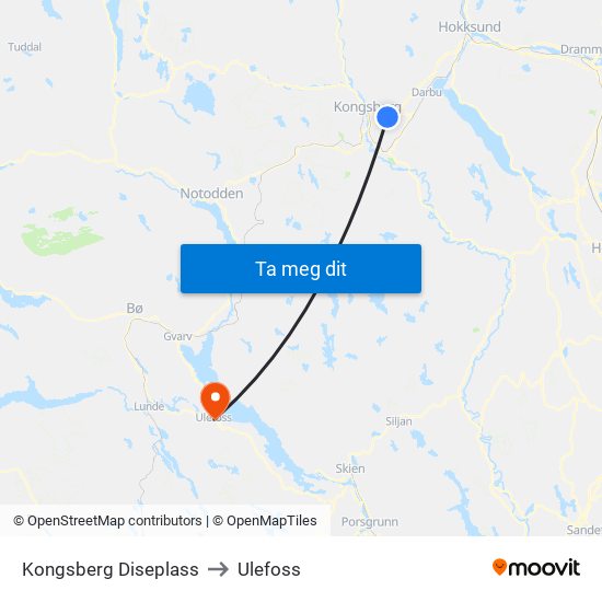 Kongsberg Diseplass to Ulefoss map