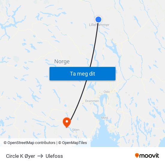 Circle K Øyer to Ulefoss map