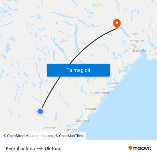 Kvernhuslona to Ulefoss map