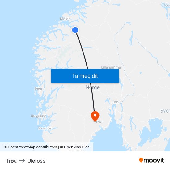 Trøa to Ulefoss map