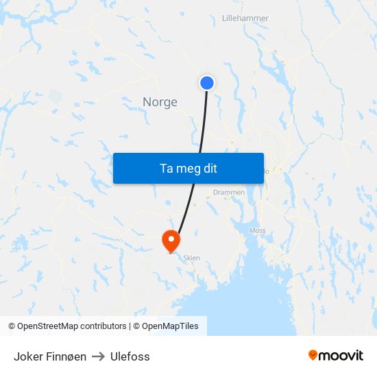 Joker Finnøen to Ulefoss map