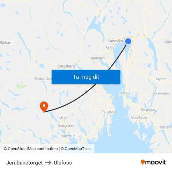 Jernbanetorget to Ulefoss map