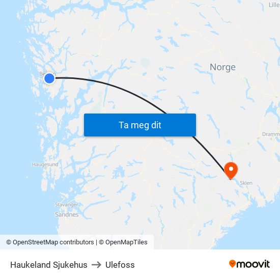 Haukeland Sjukehus to Ulefoss map