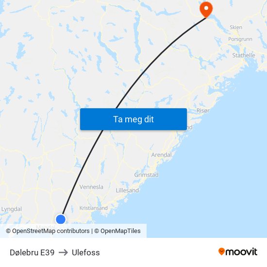 Dølebru E39 to Ulefoss map