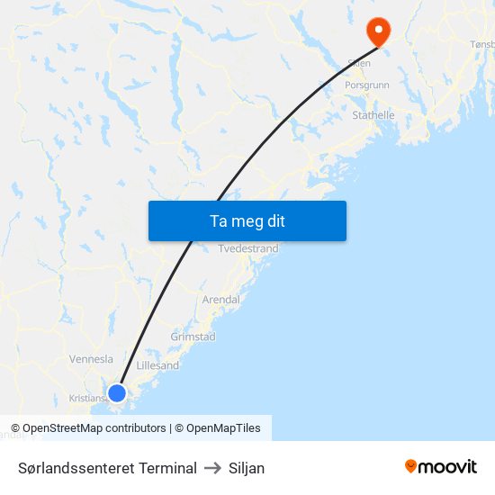 Sørlandssenteret Terminal to Siljan map