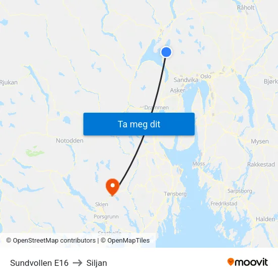 Sundvollen E16 to Siljan map