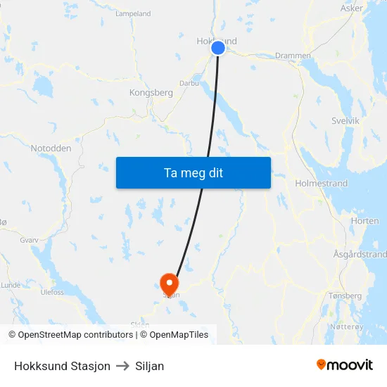 Hokksund Stasjon to Siljan map