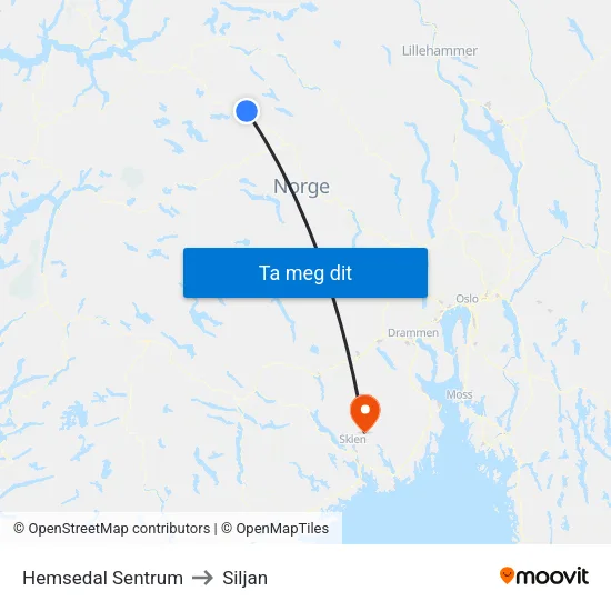Hemsedal Sentrum to Siljan map